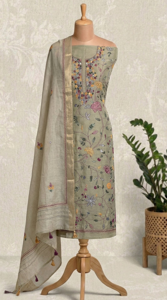 Dusty Green Resham Embroidery Linen Unstitched Suit Set