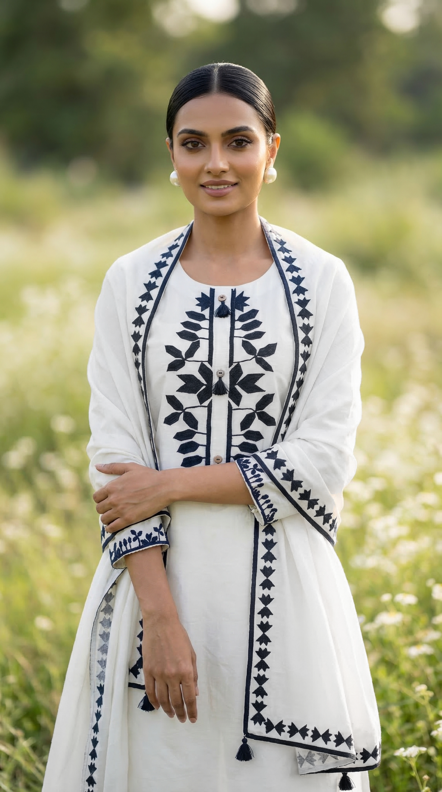 White & Black Soft Mul Kurta Set with Floral Applique Work