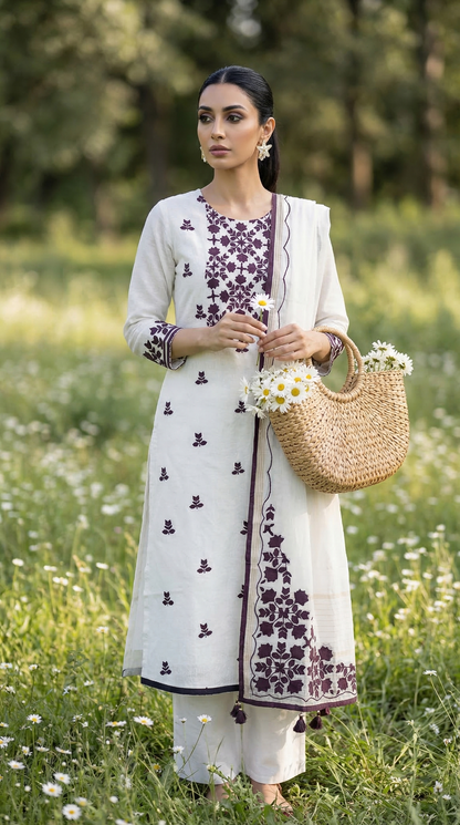 Pearl White & Brown Mul Kurta Set with Hand Applique