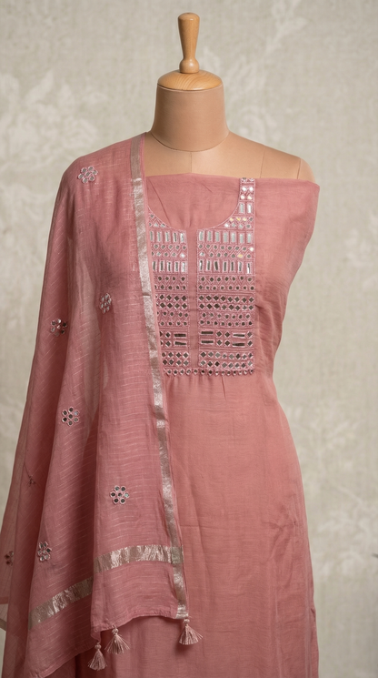 Peach Pink Mirror Work Embroidery Mul Mul Unstitched Suit Set