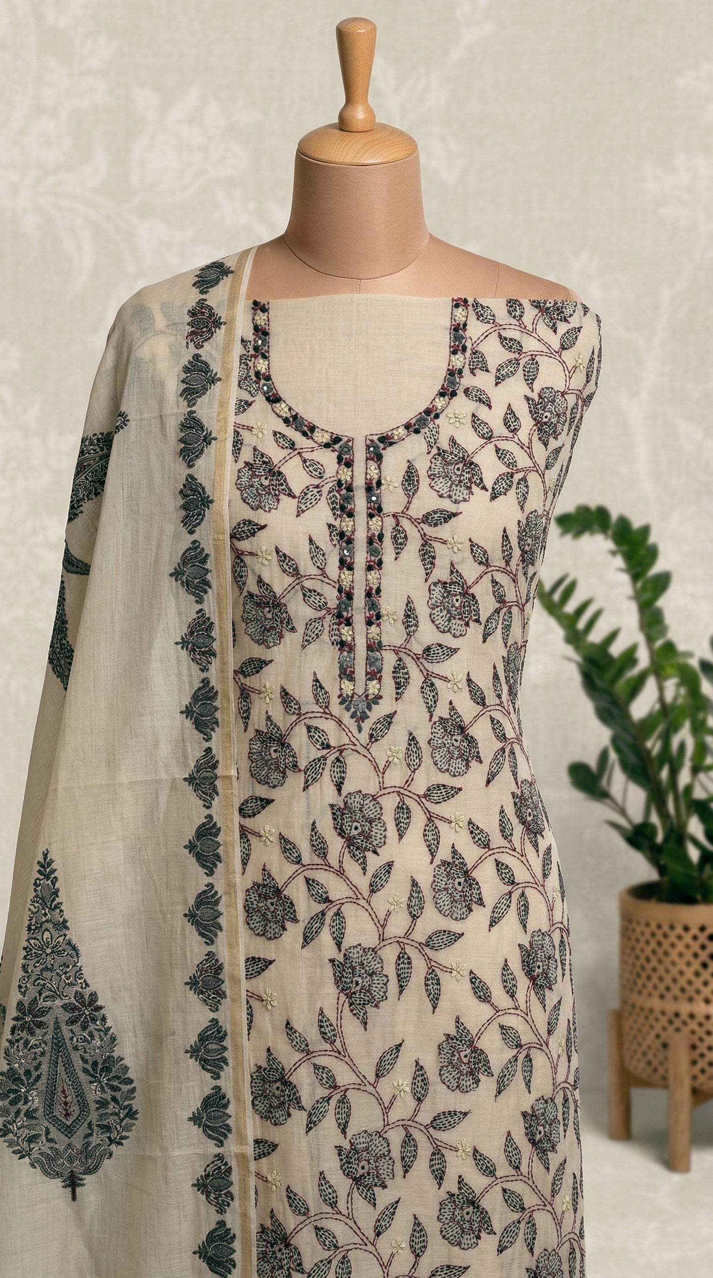 Resham Embroidery Beige & Black chanderi Stitched Suit Set