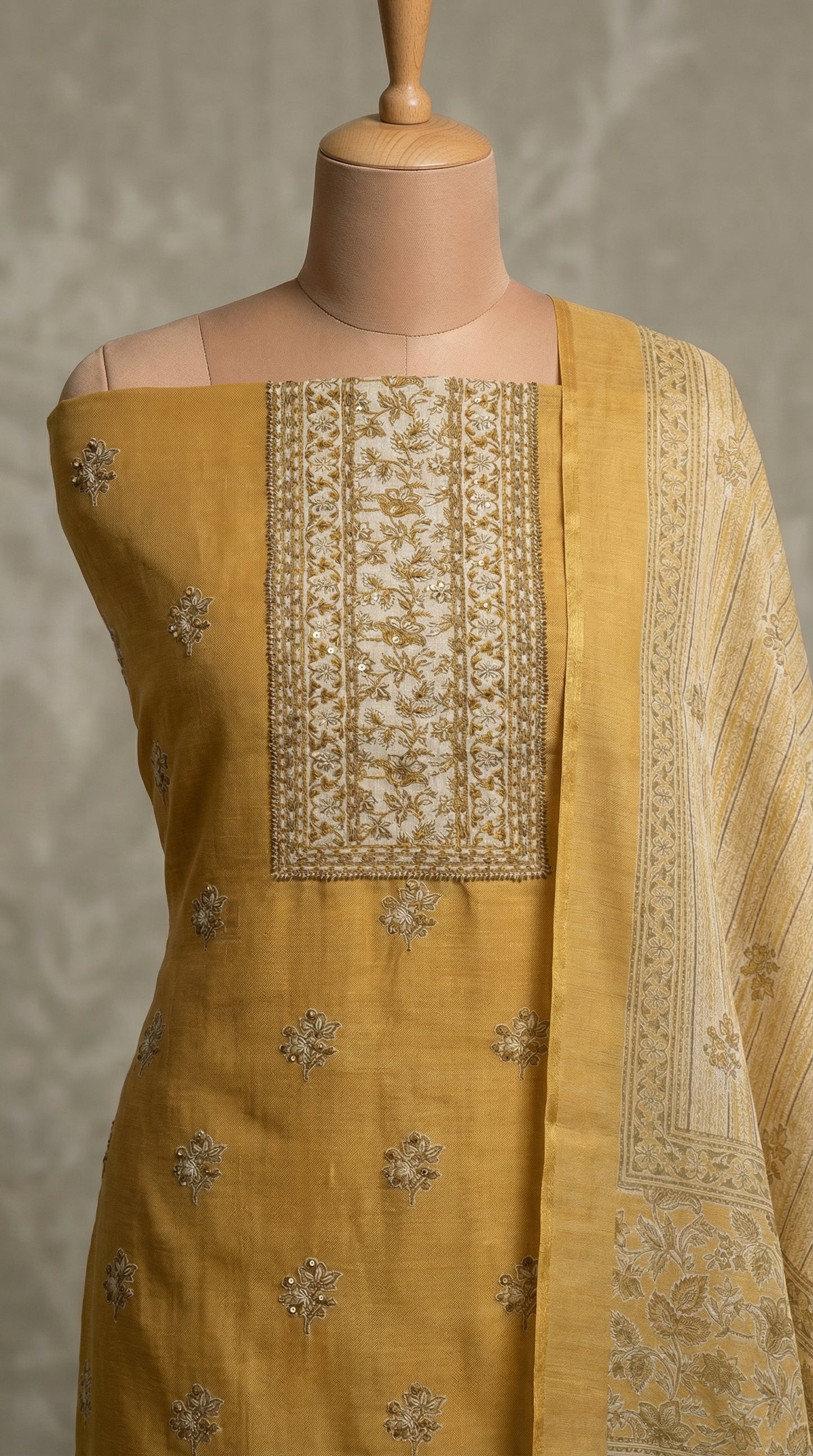 Resham Embroidery Yellow Jute Cotton Unstitched Suit Set