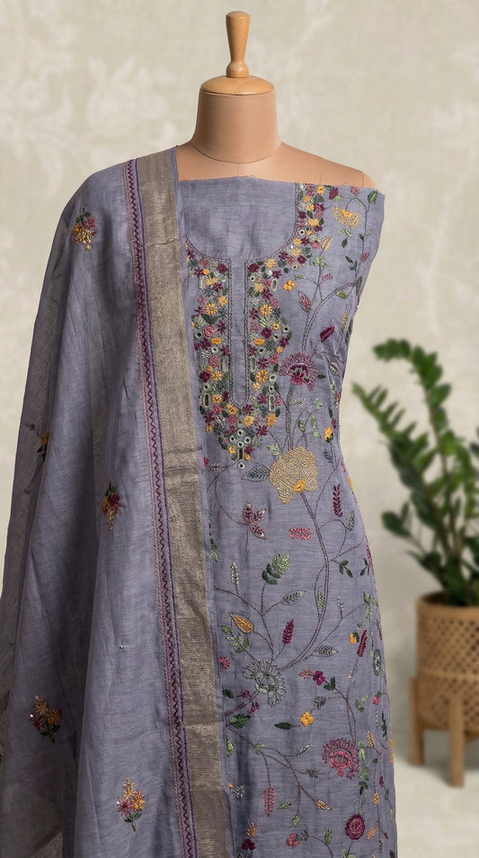 Lavender Grey Resham Embroidery Linen Unstitched Suit Set