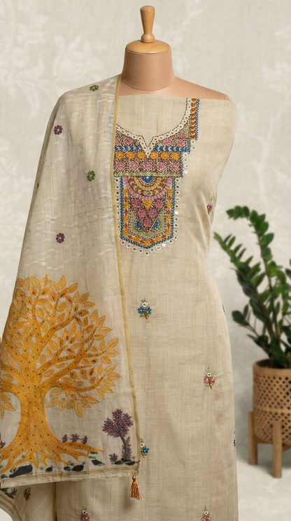 Resham Embroidery Beige &Tangy Orange chanderi Unstitched Suit Set