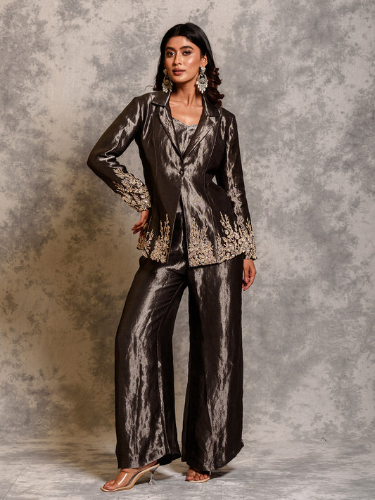Shining Silver Bustier Set with Pant and Jacket