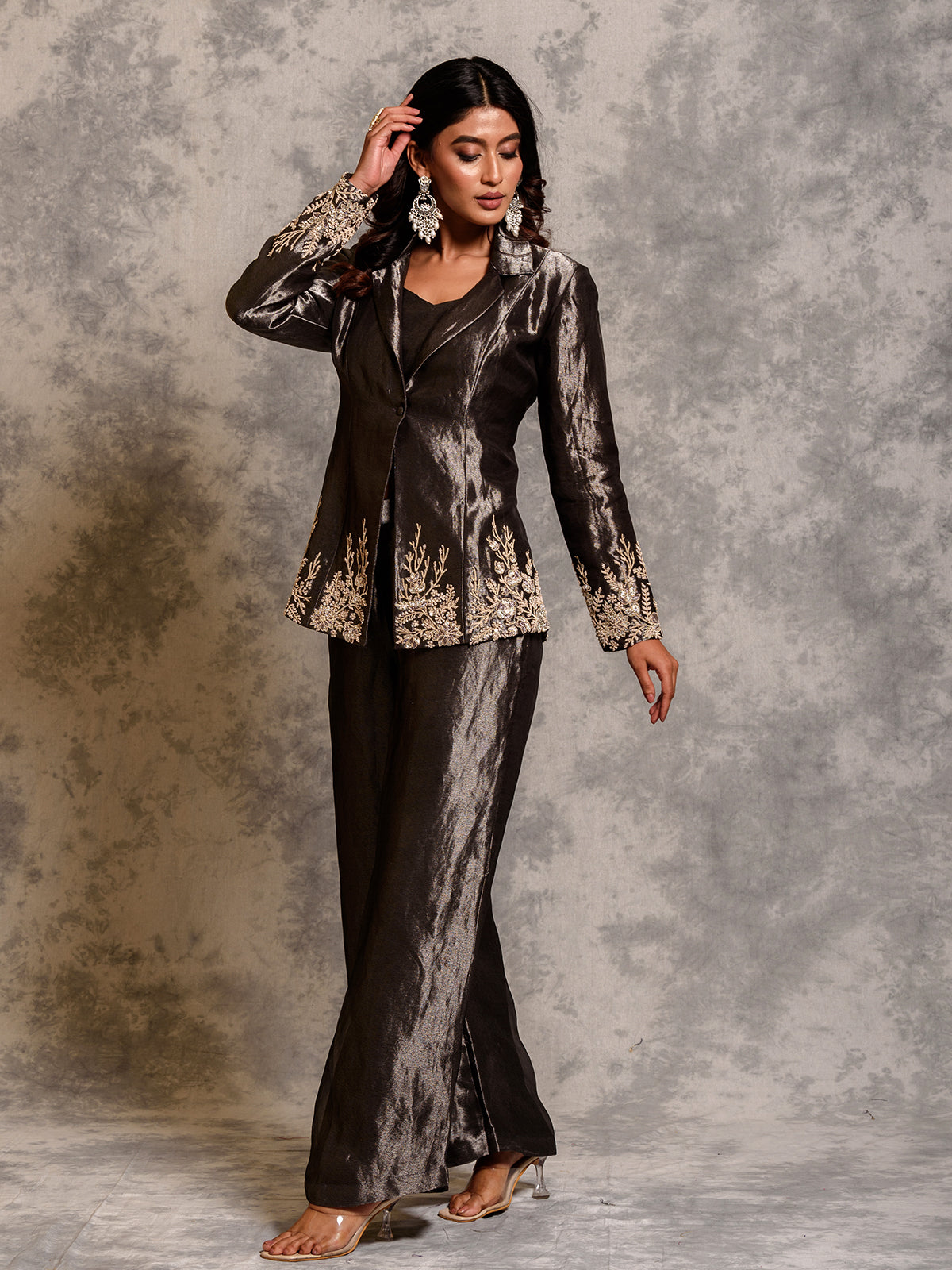 Shining Silver Bustier Set with Pant and Jacket
