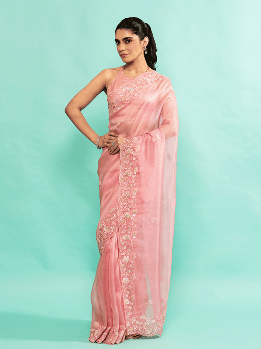 Pink Organza Sequins Detailed Saree with Tikki Work