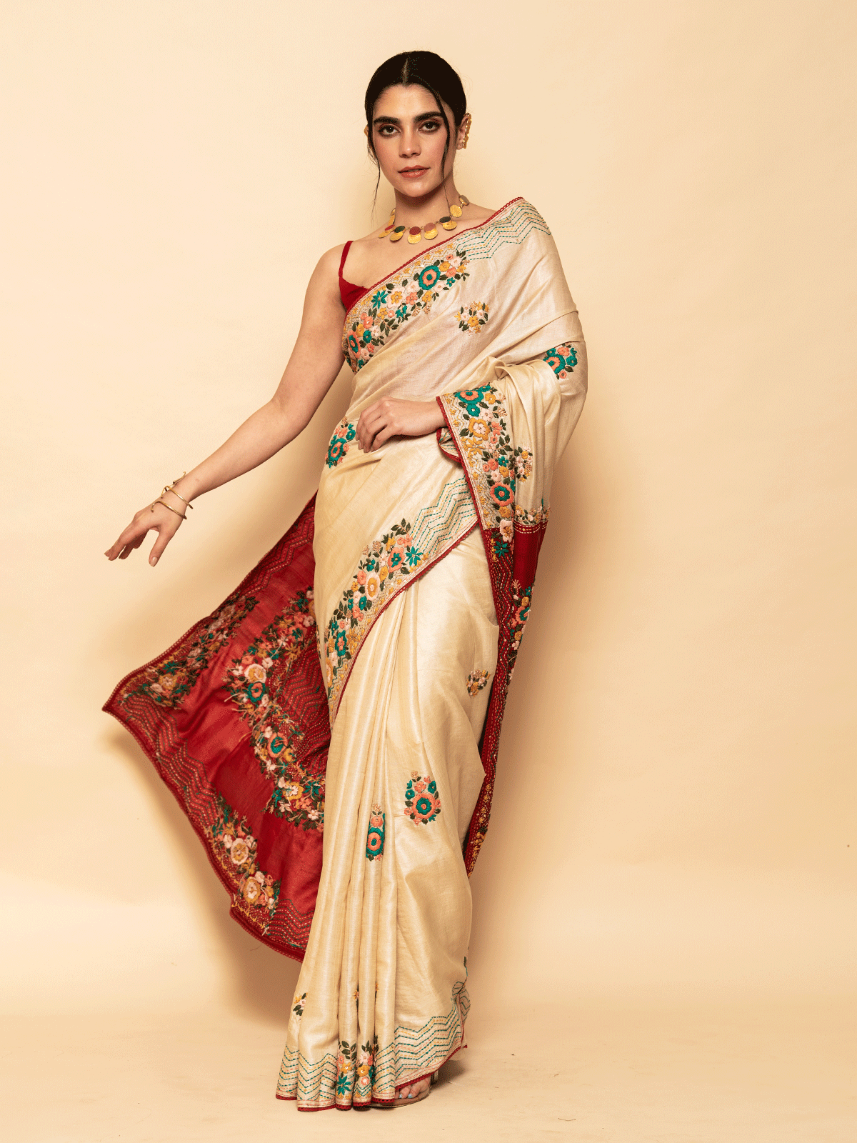 Beige & Red Dual Tone Saree with Resham & Buti Border