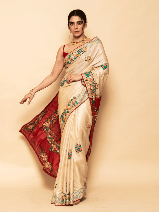 Beige & Red Dual Tone Saree with Resham & Buti Border