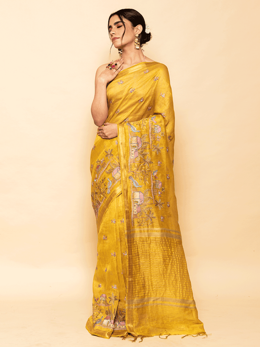 Mustard Yellow Korean Tissue Saree with Resham Border