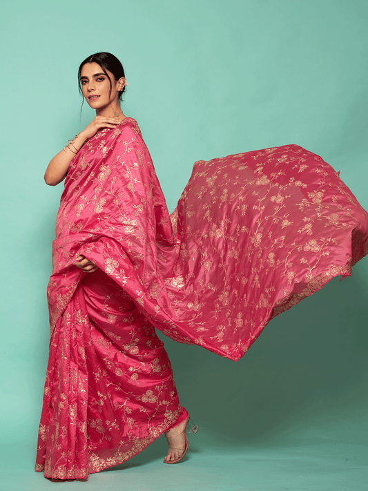 Pink Korean Tissue Embroidered Saree