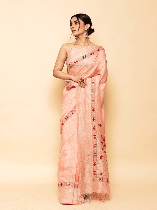 Pink Linen Saree with Gujrati Work