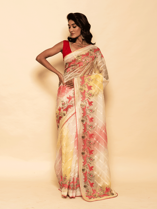 Beige & Red Dual Tone Organza Saree with Resham Border