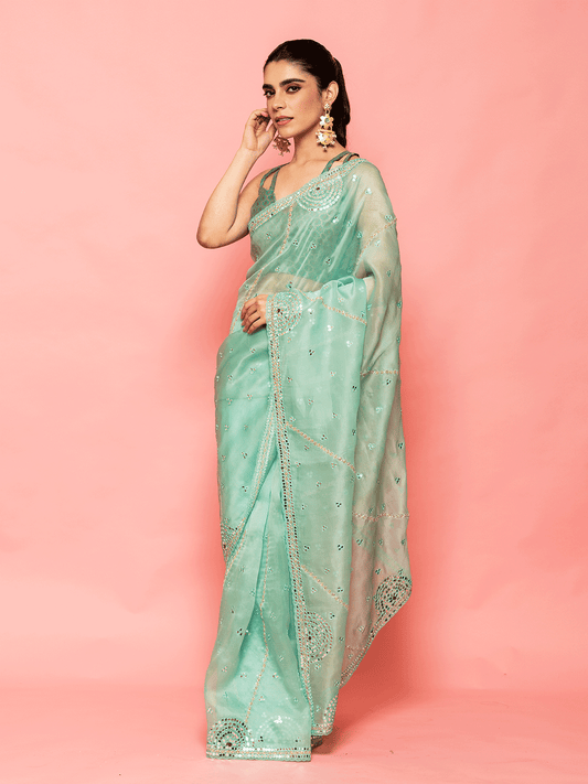 Teal Blue Organza Cutdana Saree