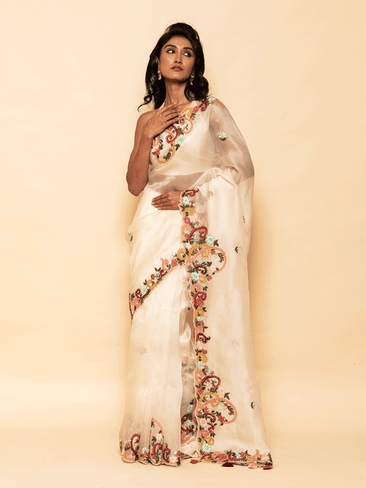 Resham Embroidered Off White Saree with Buti Border