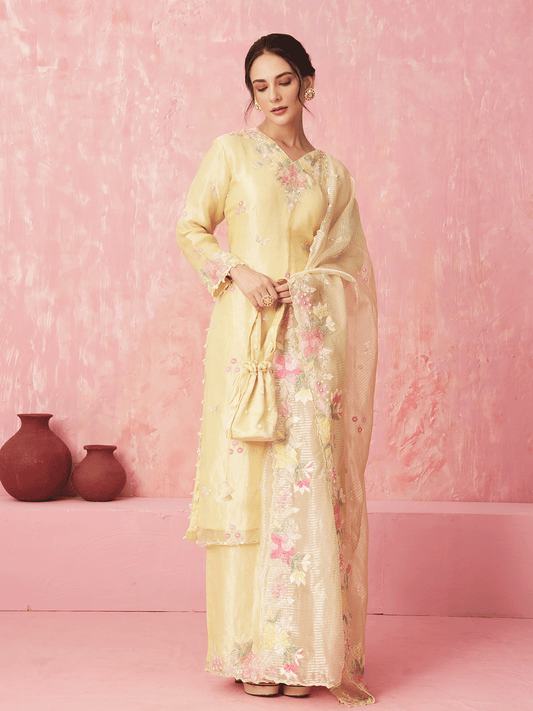 Light Yellow Resham Embroidered Tissue Saree with Chir Work