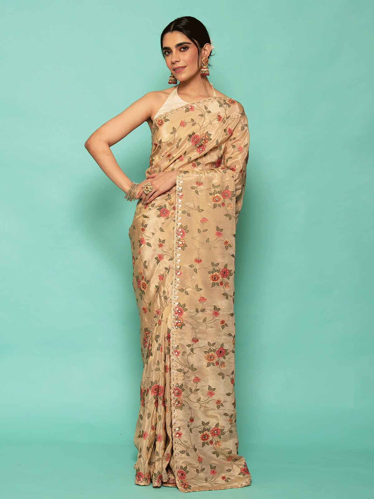 Navya Beige Gadwal Tissue Saree