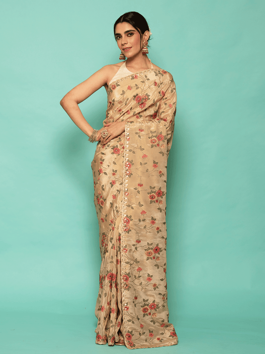 Navya Beige Gadwal Tissue Saree