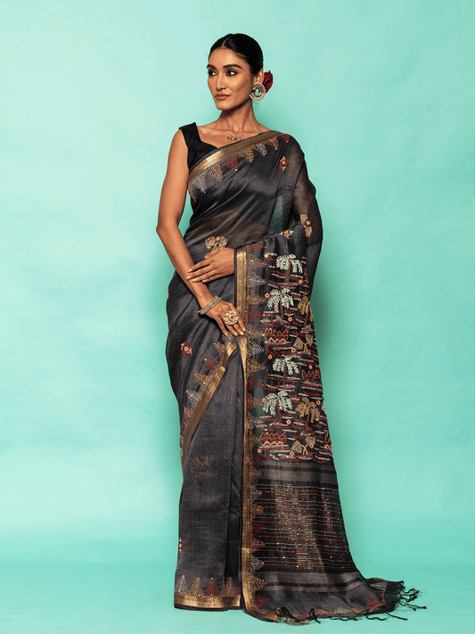 Deep Blue Linen Saree with Resham Border & Buti Work