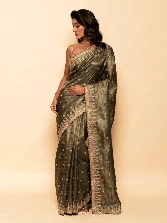 Deep Green Tussar Saree with Emrboidered Border & Buti Work