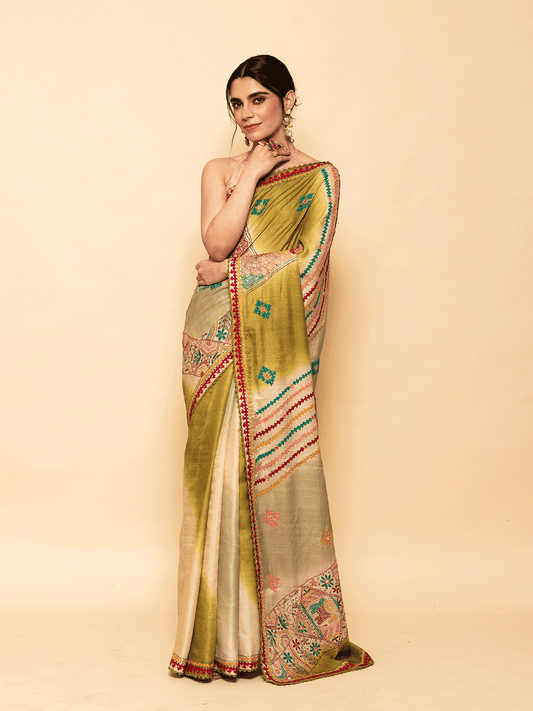 Green Tussar Saree with Katha & Gujrati Work
