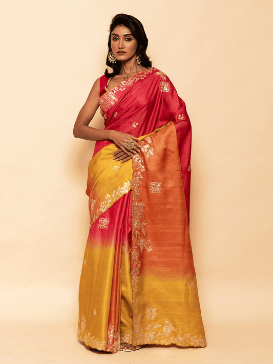 Red & Yellow Dual Tone Tussar Saree with Pita & Buti Work