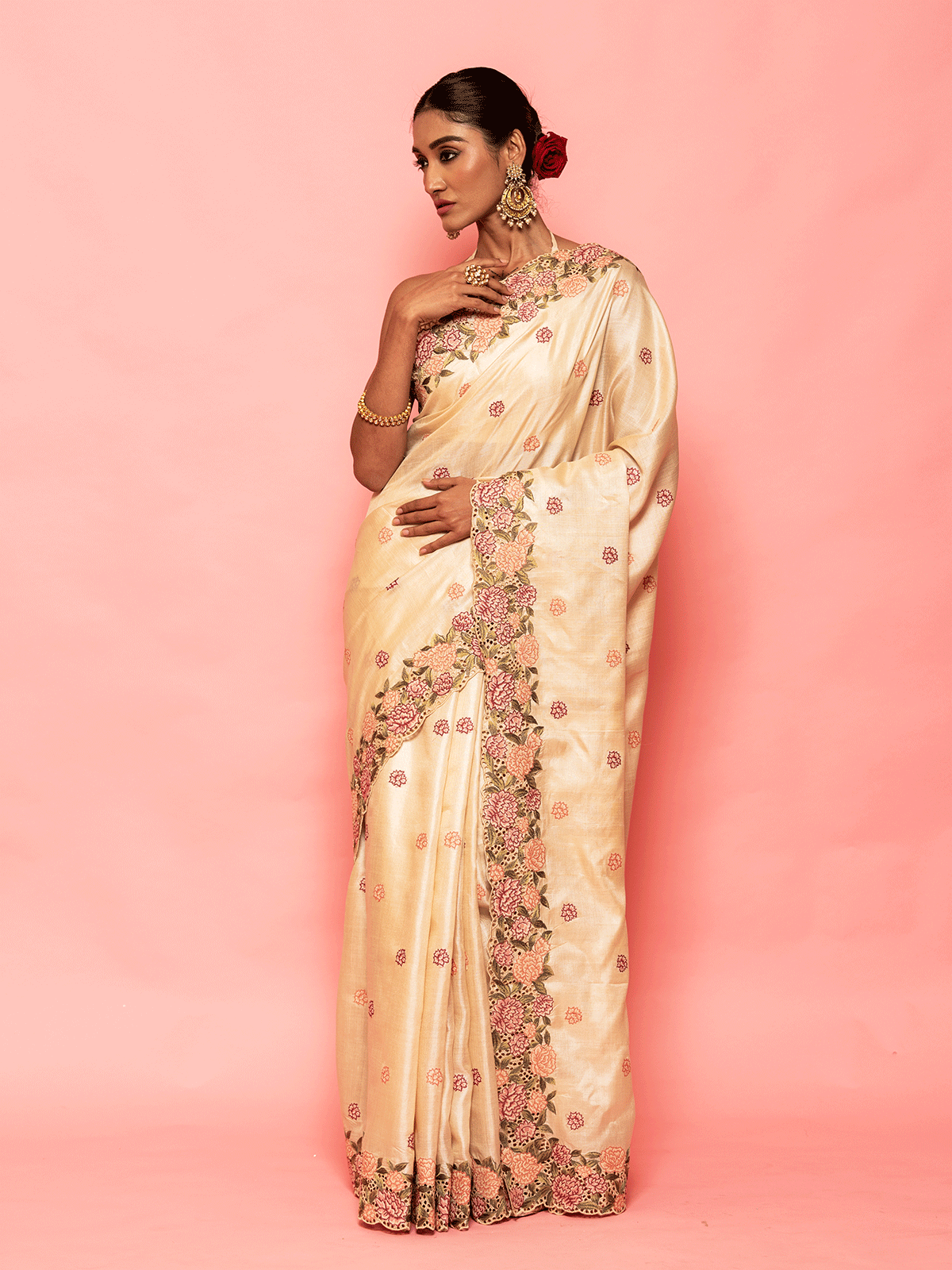 Beige Cutwork Border Tussar Saree with Buti Work