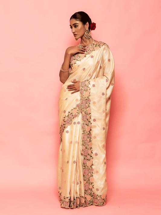 Beige Cutwork Border Tussar Saree with Buti Work