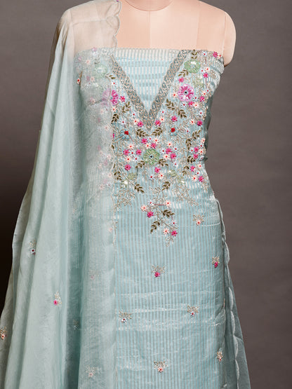 Light Blue Organza Cutdana Kurta Set with Sequins - Unstitched