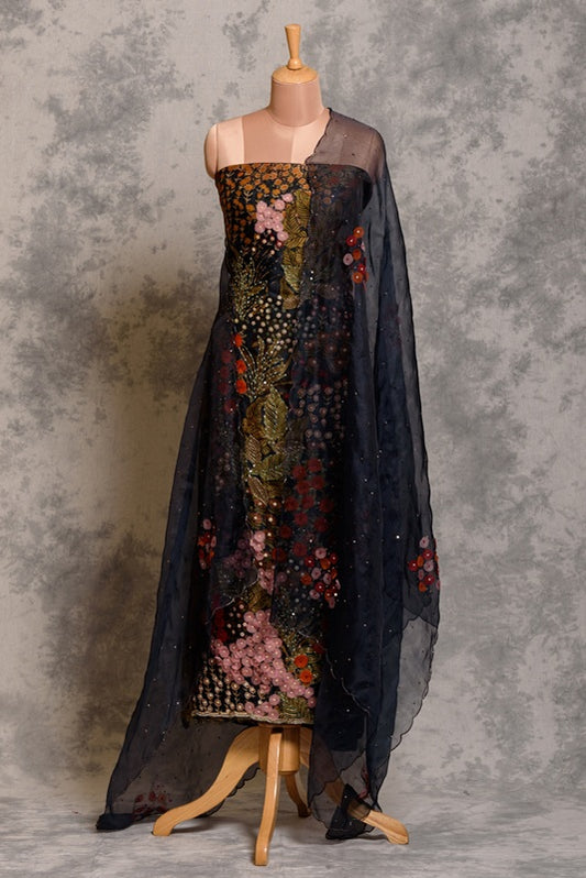 Deep Blue Appliqued Kurta Set with Sequins Details - Unstitched