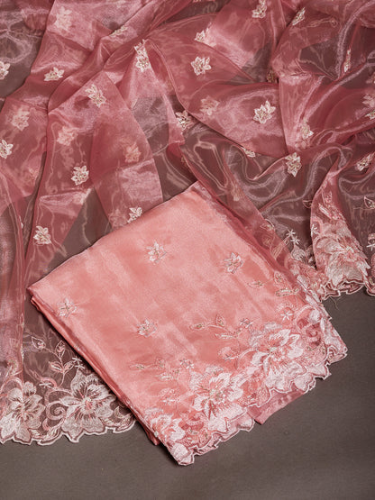 Pink Organza Kurta Set with Parsi Embroidery - Unstitched