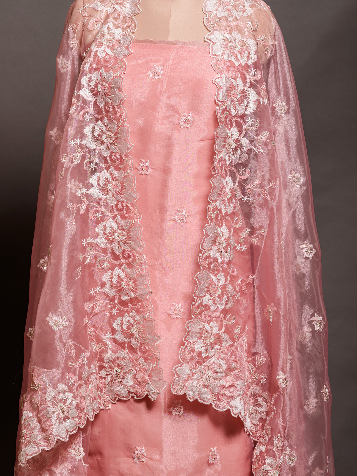 Pink Organza Kurta Set with Parsi Embroidery - Unstitched