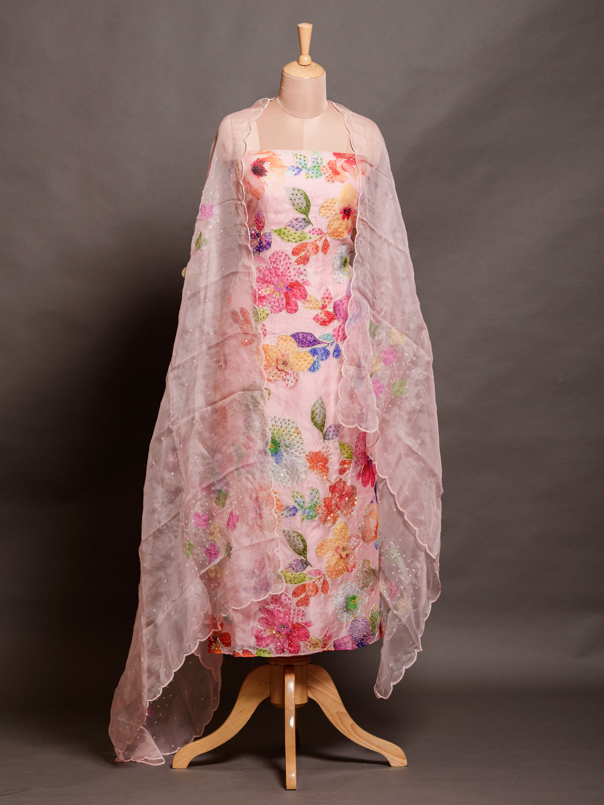 Pink Floral Printed Sequinned Kurta Set with Dupatta - Unstitched
