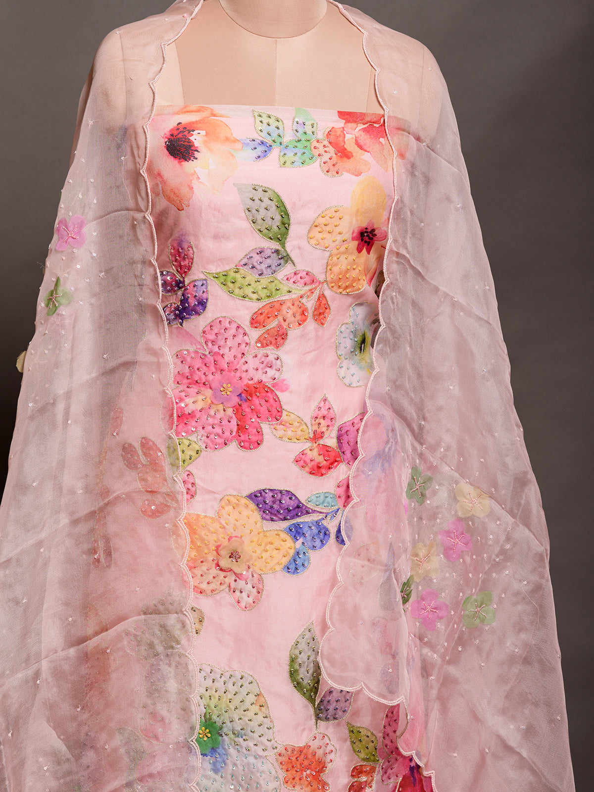 Pink Floral Printed Sequinned Kurta Set with Dupatta - Unstitched