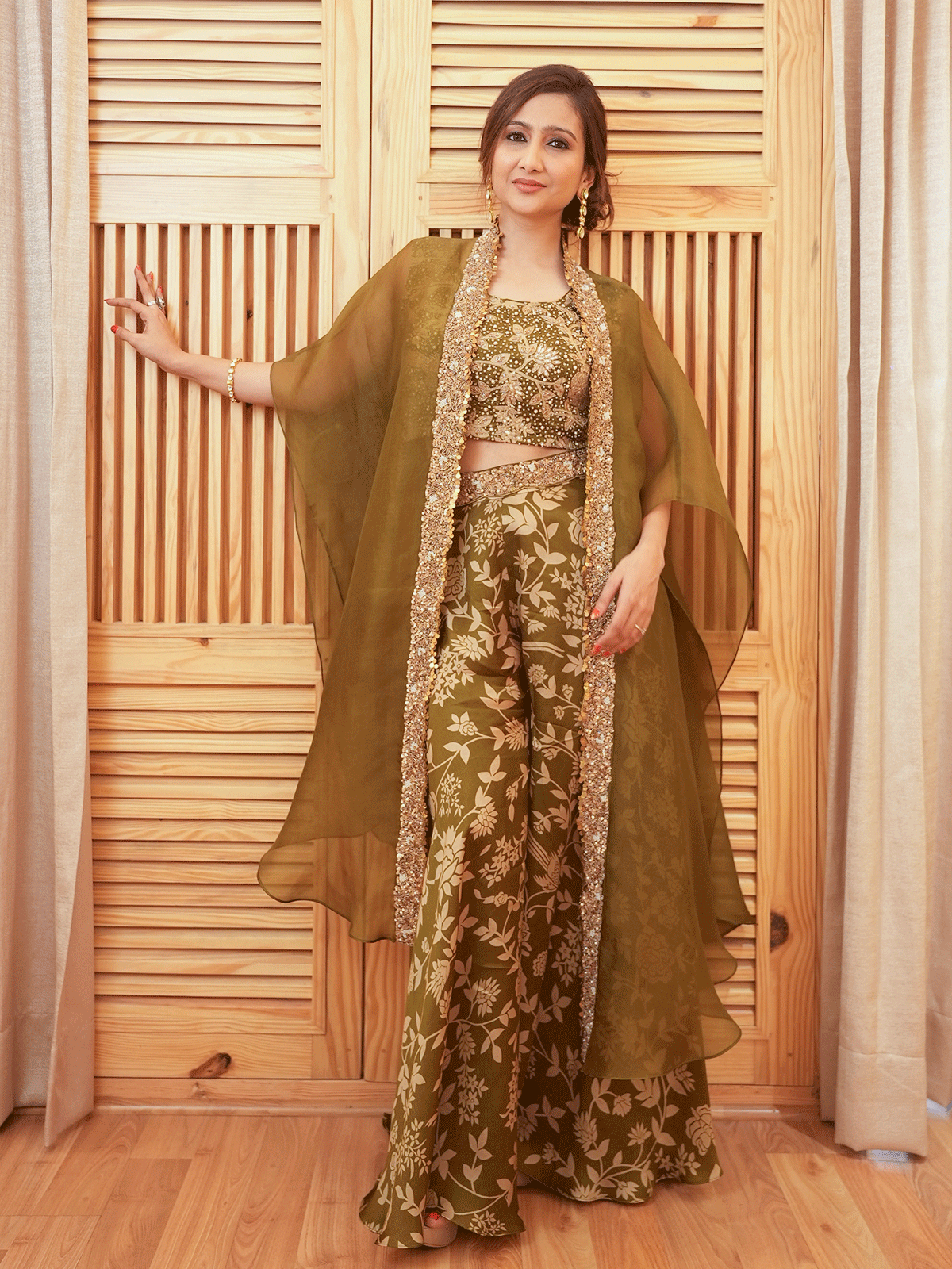 Garima Banka In Olive Green Satin & Organza Cape Set
