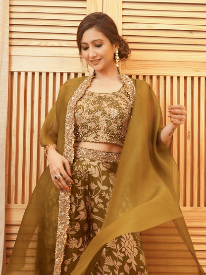 Garima Banka In Olive Green Satin & Organza Cape Set