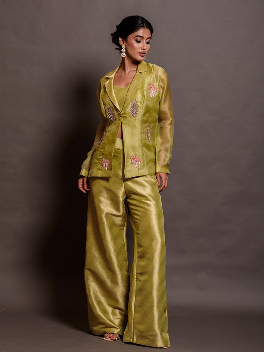 Olive Green Cutdana Jacket Set with Resham & Tikki Work