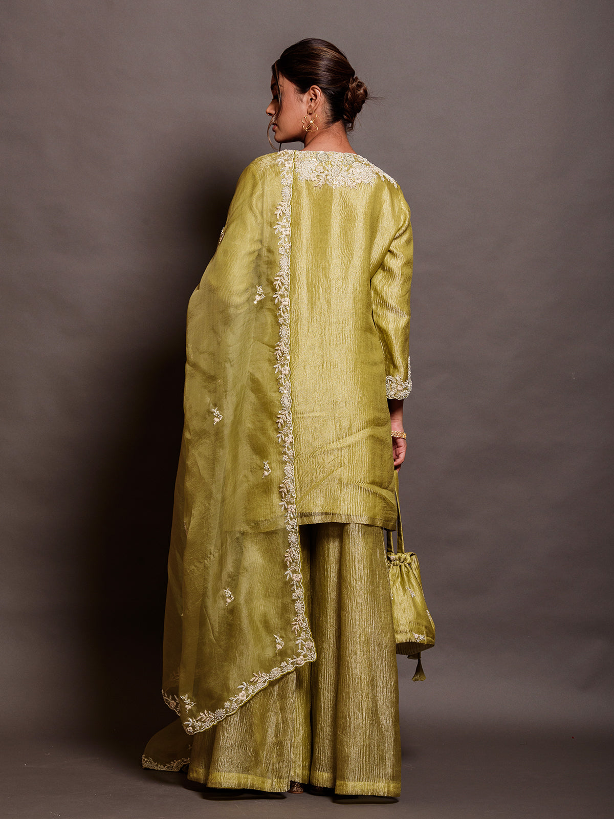 Flora Green Organza Sequinned Kurta Set with Moti & Thread Work