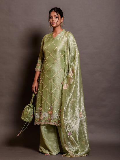 Flora Green Organza Sequinned Kurta Set with Embroidery
