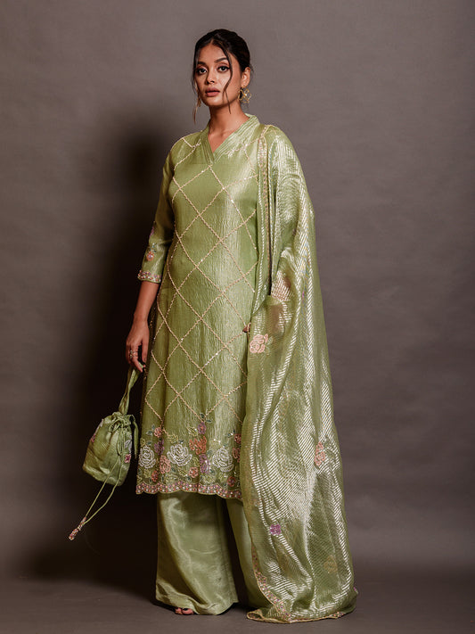 Flora Green Organza Sequinned Kurta Set with Embroidery