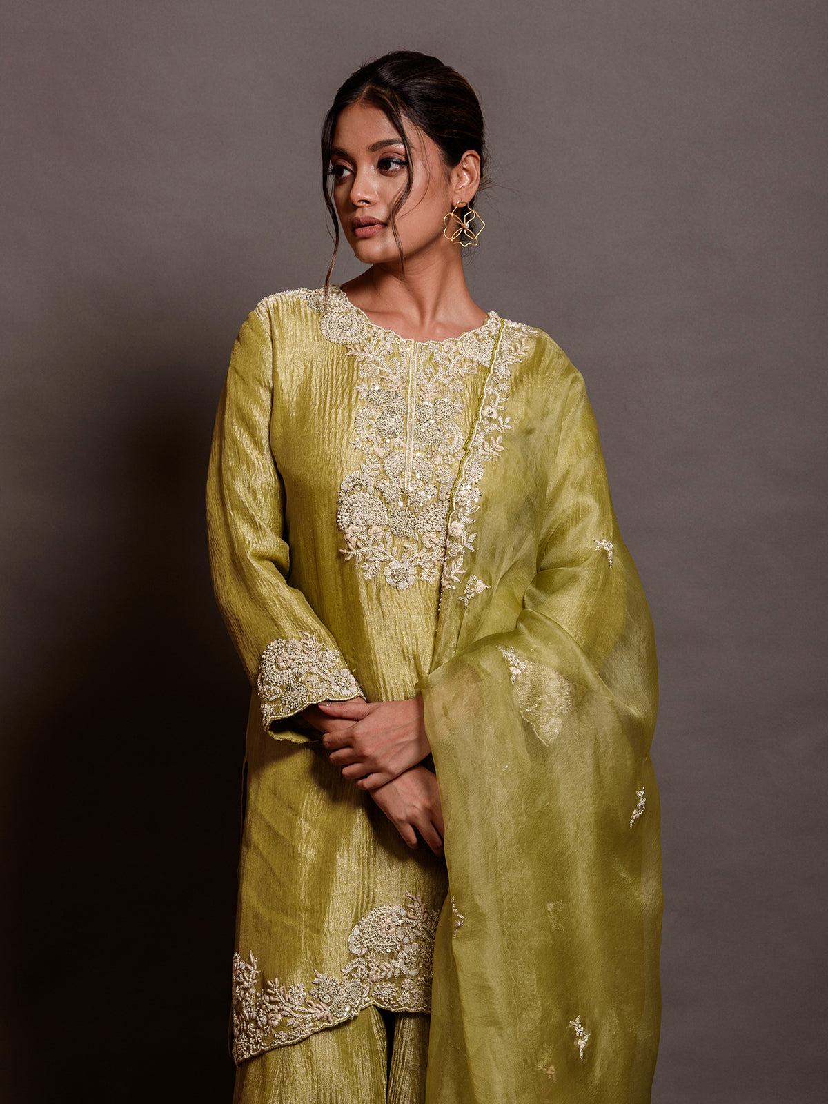 Flora Green Organza Sequinned Kurta Set with Moti & Thread Work