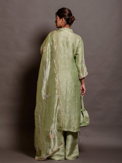 Flora Green Organza Sequinned Kurta Set with Embroidery