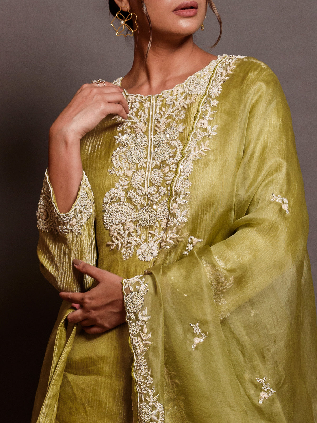 Flora Green Organza Sequinned Kurta Set with Moti & Thread Work