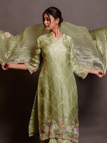 Flora Green Organza Sequinned Kurta Set with Embroidery