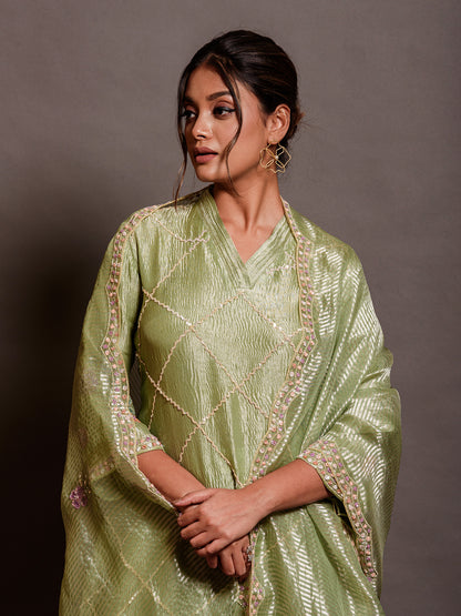 Flora Green Organza Sequinned Kurta Set with Embroidery
