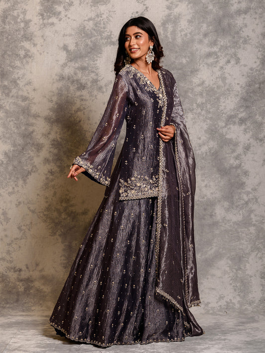 Midnight Purple Tissue Cutdana Kurta Set with Sequins Details