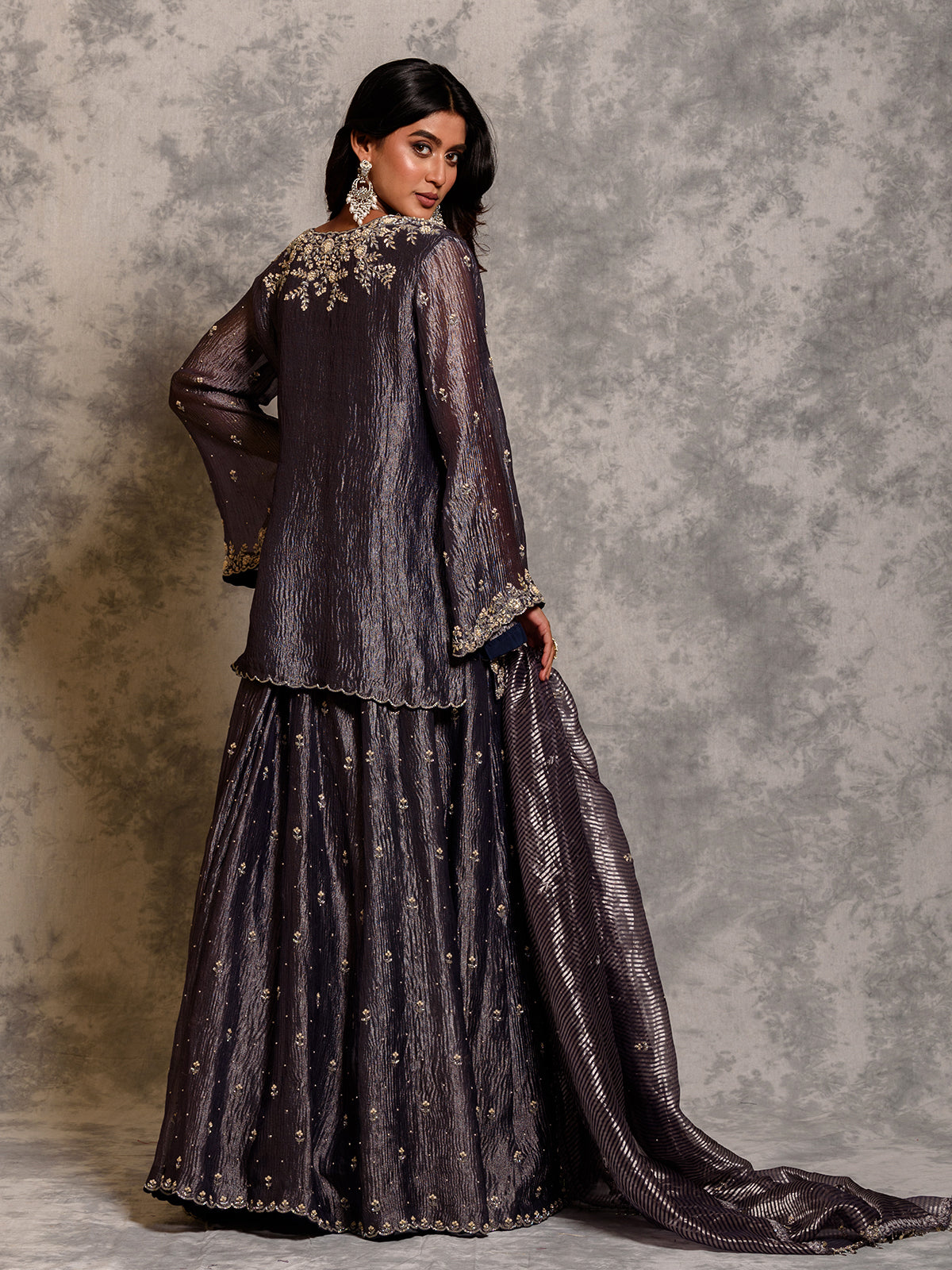 Midnight Purple Tissue Cutdana Kurta Set with Sequins Details