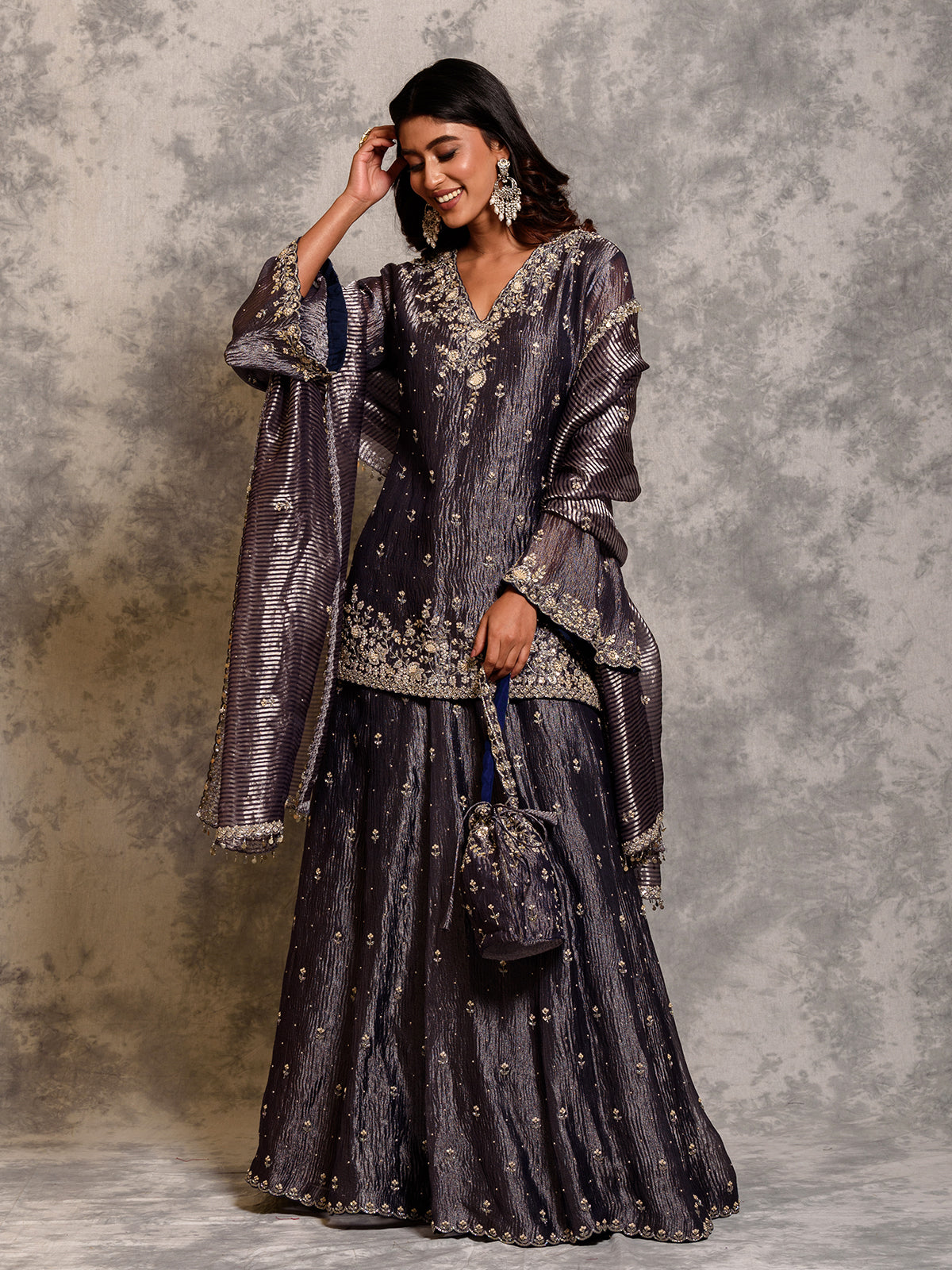 Midnight Purple Tissue Cutdana Kurta Set with Sequins Details