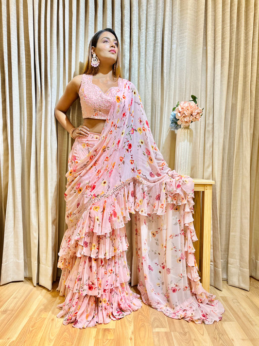ABLA GRACE PINK RUFFLE SAREE