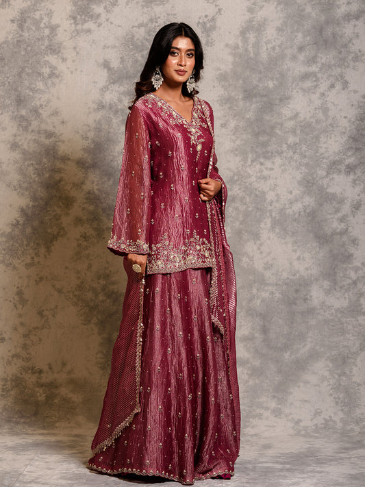 Maroon Tissue Cutdana Kurta Set with Sequins Details